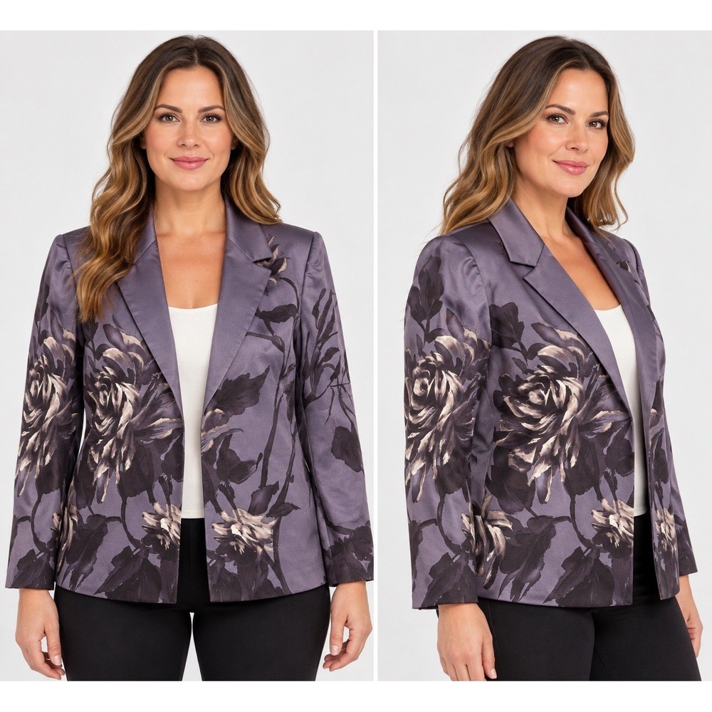 Linda Allard Ellen Tracy Blazer Women 14 Purple Floral Satin Jacket Career